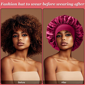 FIRSTPELLA bonnet worn on model protecting curly hair overnight