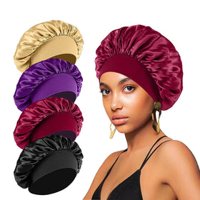 FIRSTPELLA front view of four-color bonnet set shows protective satin