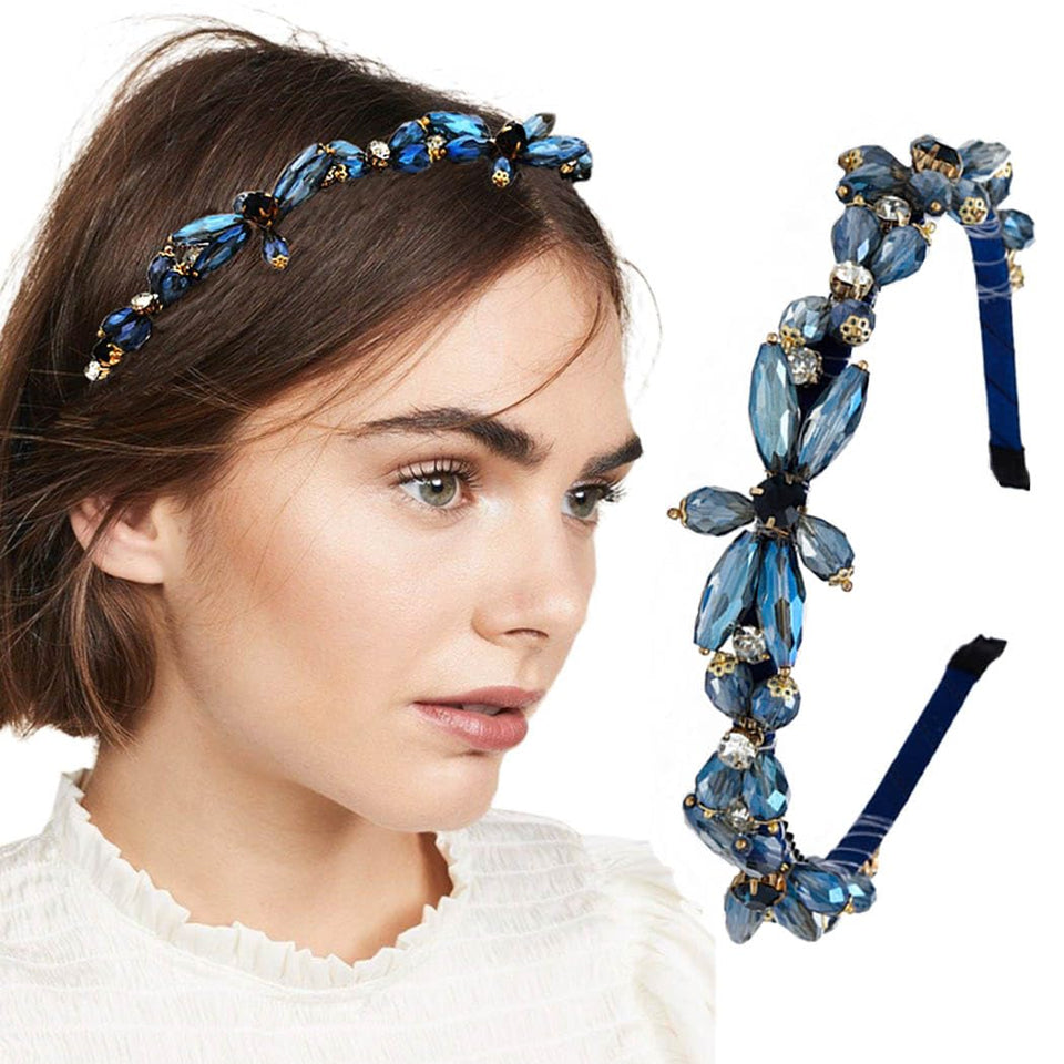 Firuilo front view blue rhinestone headband showing sparkle and shape benefit: eye-catching finish