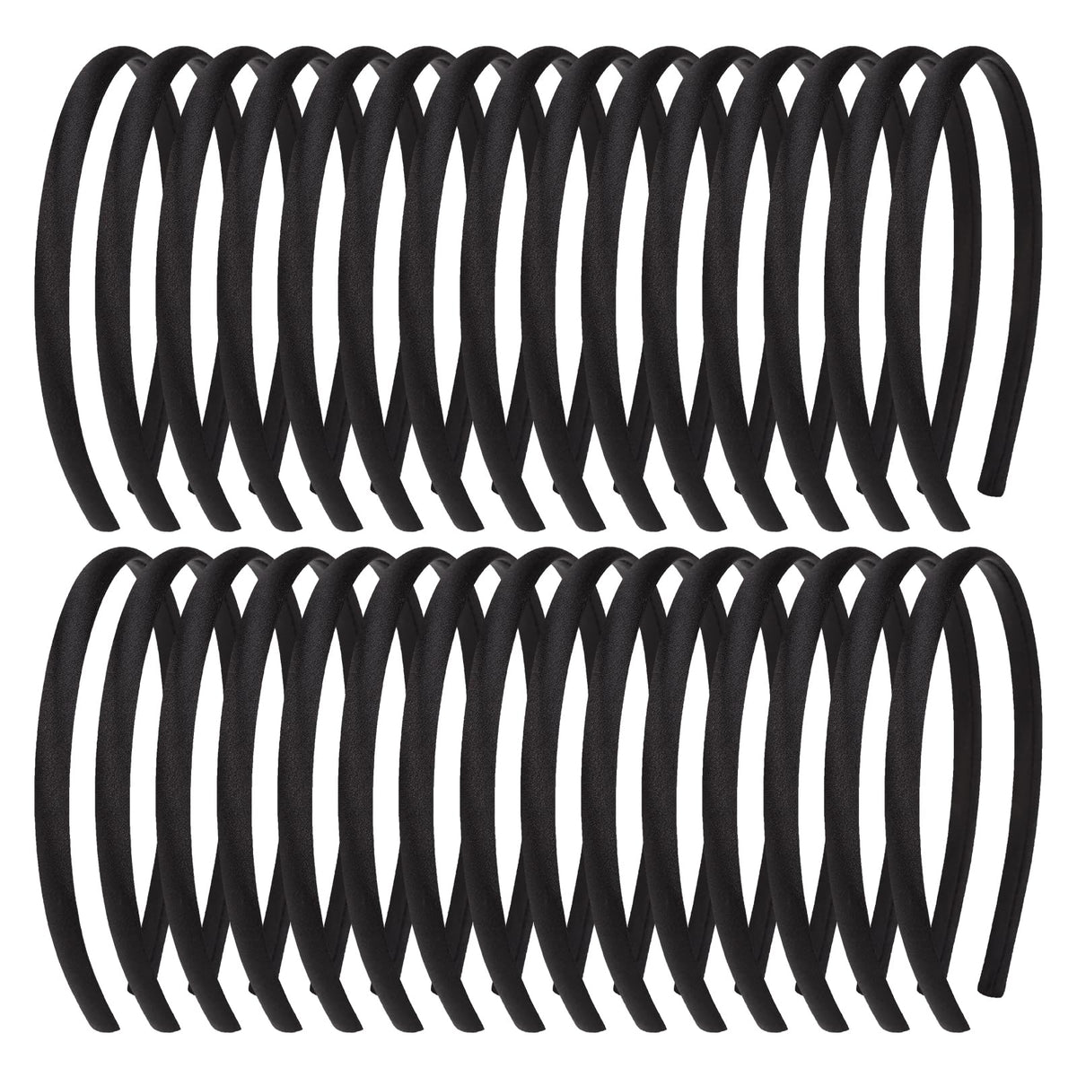 Fishdown front view of 30-piece black headbands highlighting quantity and slim style