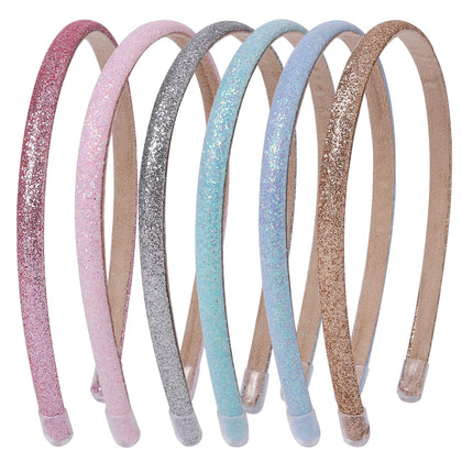 Fishdown front view of six glitter headbands showing colors and benefit of versatile styling