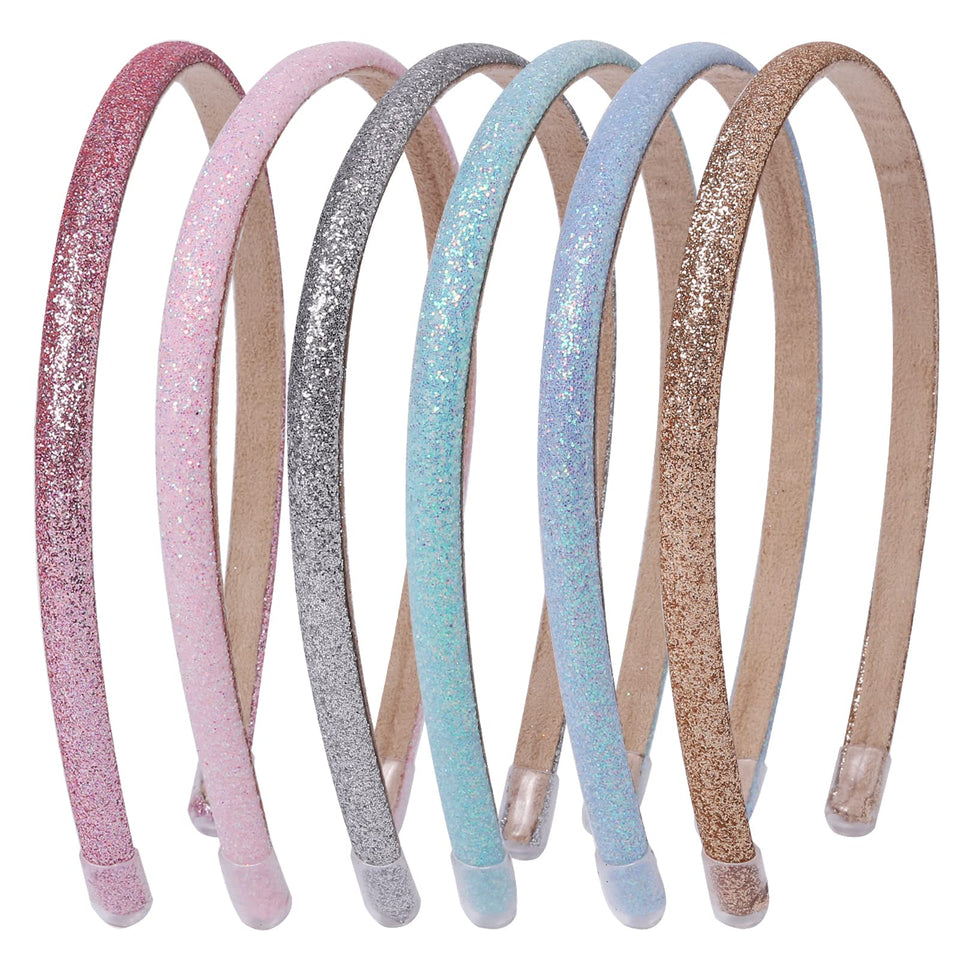 Fishdown front view of six glitter headbands showing colors and benefit of versatile styling