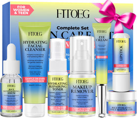 FITOEG front packaging showing all travel-size skincare items and benefits