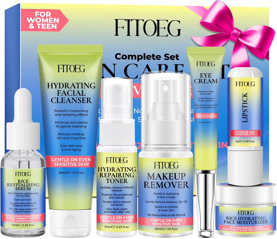 FITOEG front packaging showing all travel-size skincare items and benefits