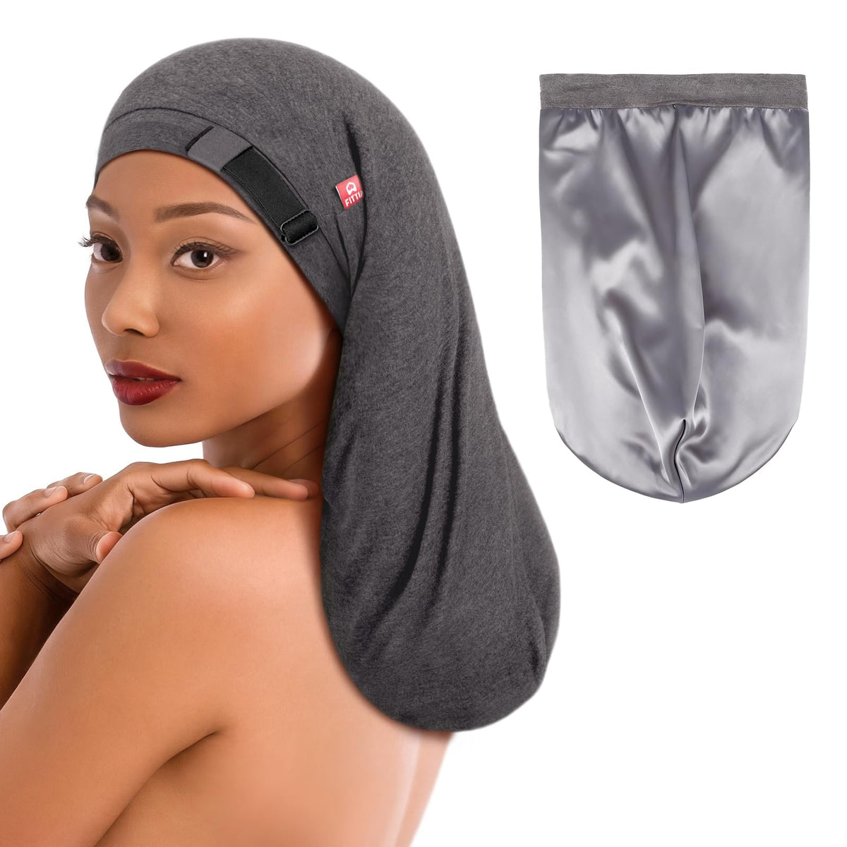 Fittia front view long satin bonnet showing roomy fit and protection