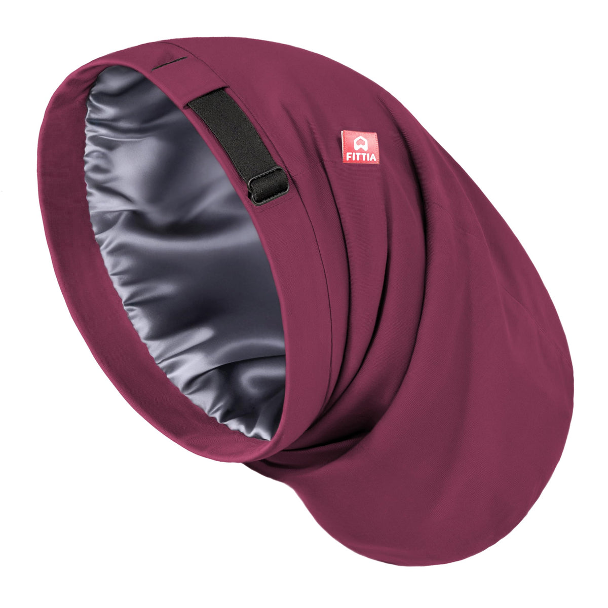 Fittia bonnet front view showing claret color and roomy fit, protects hairstyles