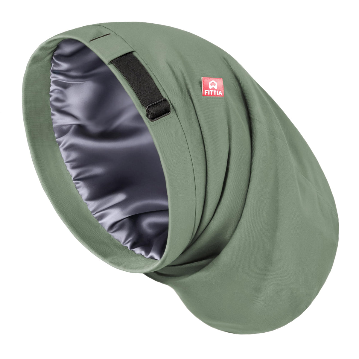 Fittia bonnet front view showing roomy fit and military green color, protects long hair