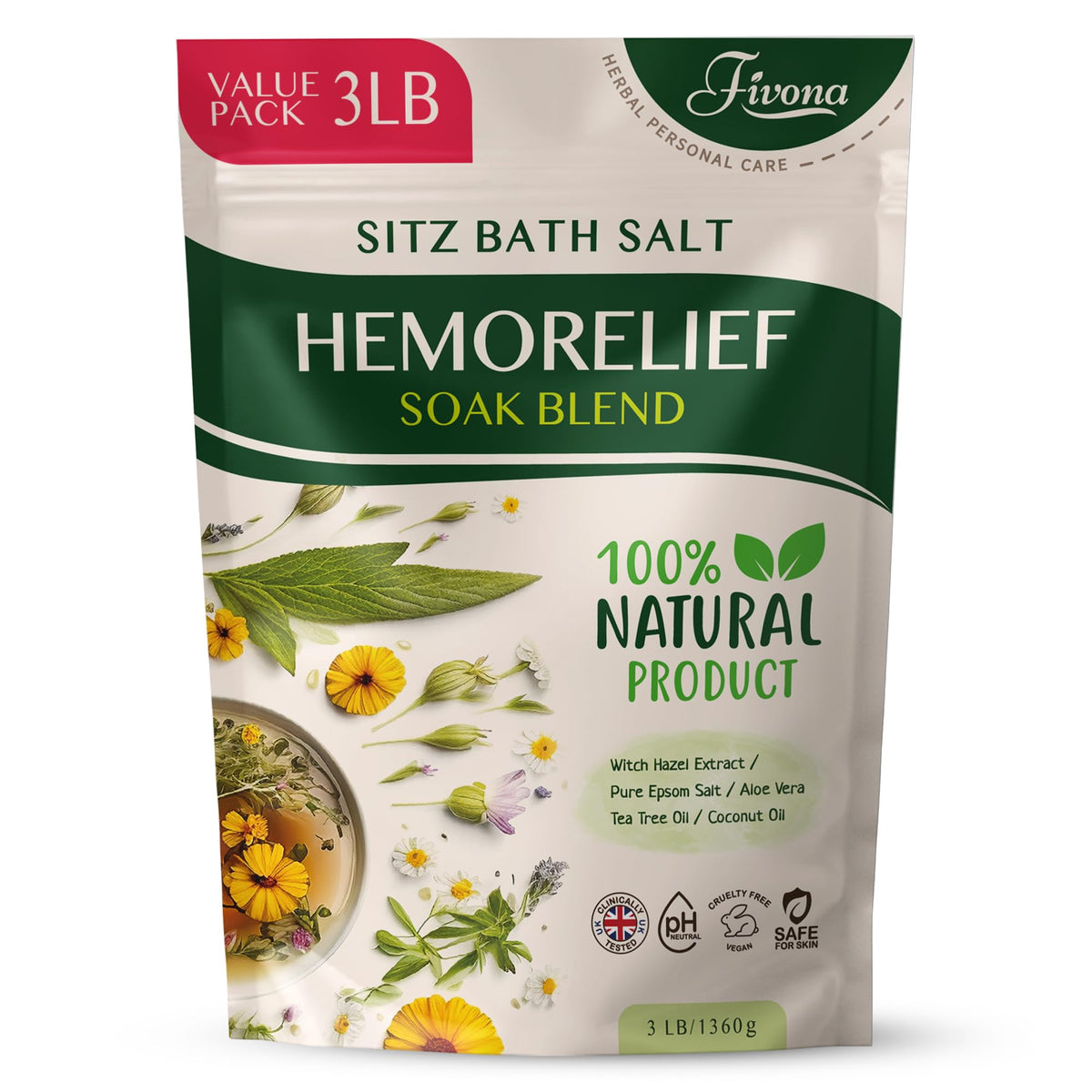 FIVONA front packaging showing 3 lb value pack and soothing branding benefit