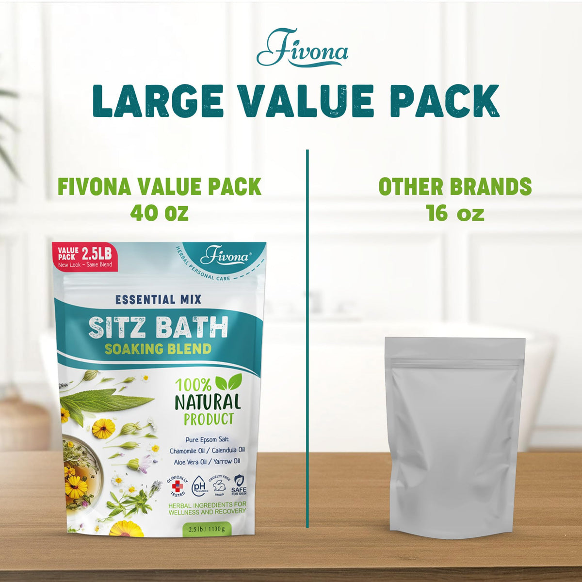 FIVONA tub beside water bottle for scale showing large 40oz value benefit