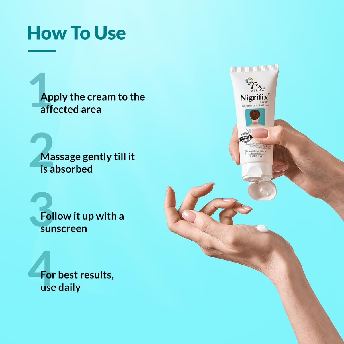 FIXDERMA tube next to hand to show 3.52 fl oz size reference