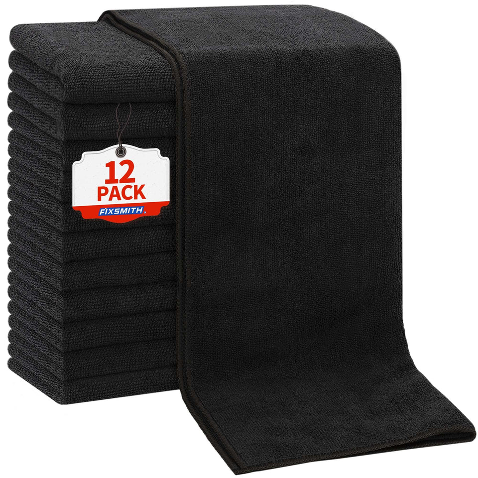 FIXSMITH front pack of 12 black salon towels showing professional supply