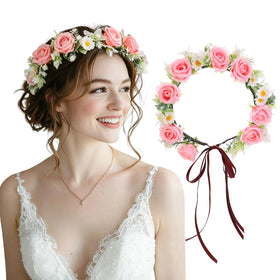Flagogoo front view pink flower crown showing full floral arrangement and wearable design