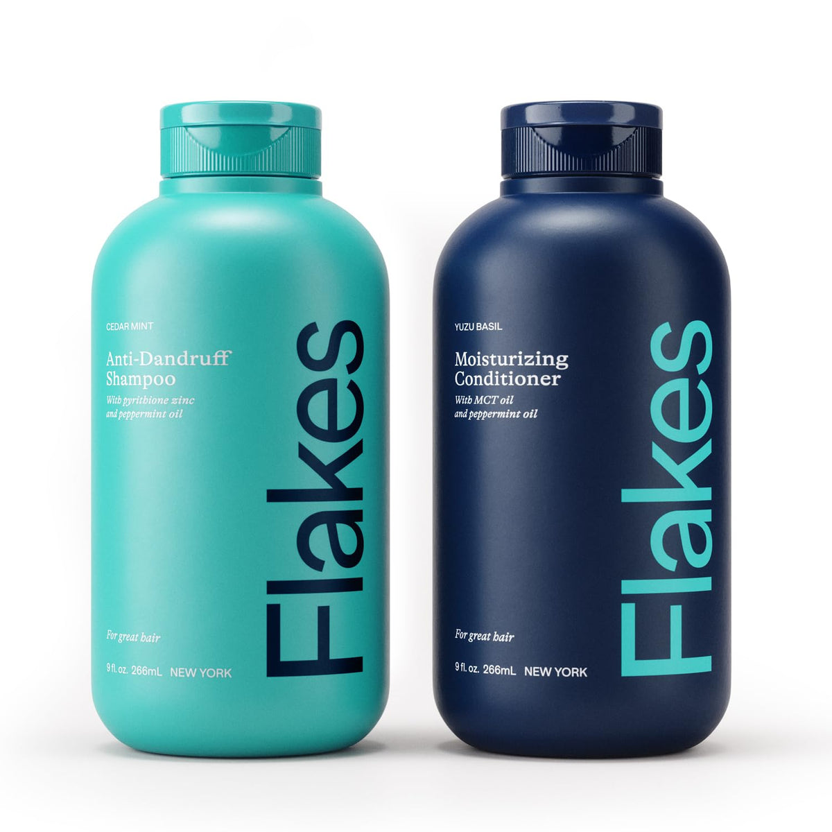 Flakes front packaging showing shampoo and conditioner, highlights clean scalp care