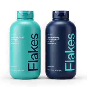 Flakes front packaging showing shampoo and conditioner, highlights clean scalp care