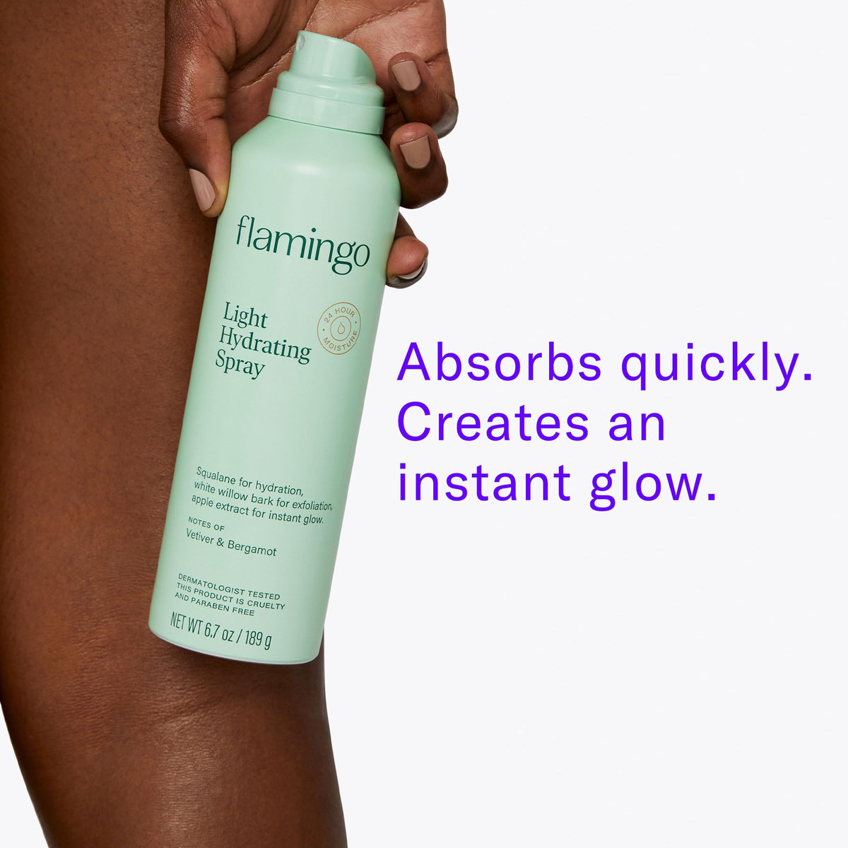 Flamingo spray in use on arm illustrating easy application and instant hydration