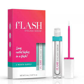 FLASHSERUM front packaging showing compact 2mL bottle and box, clear product info benefit