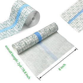 Flatoedu roll next to ruler showing 8 inch width and two-yard length