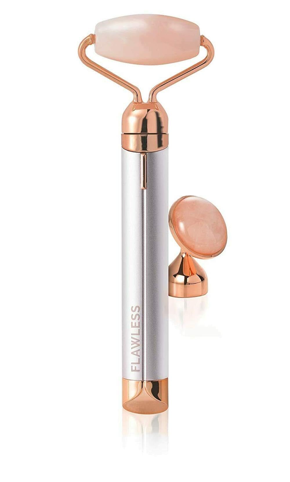 Flawless close-up of rose quartz roller texture, smooth glide benefit