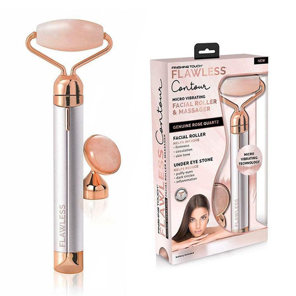 Flawless front view showing rose quartz roller and battery, enhances routine