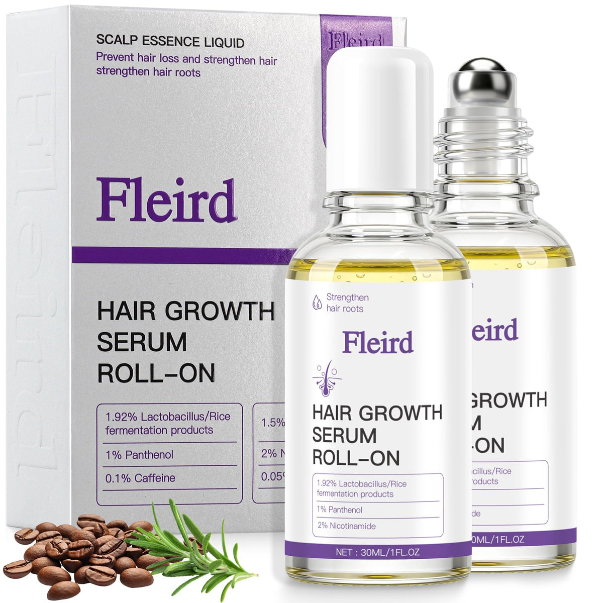 Fleird front packaging showing roll-on bottle and pack benefits