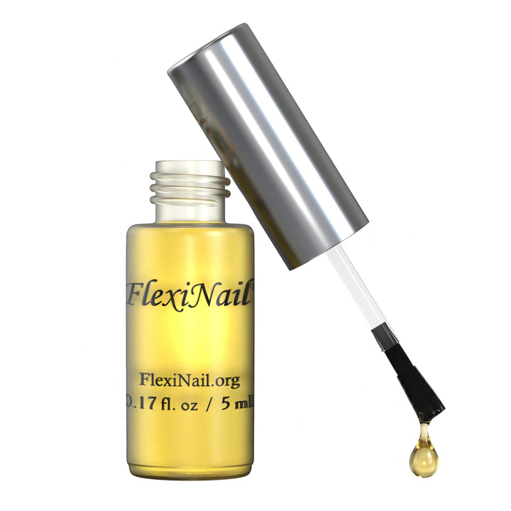 FlexiNail bottle front view showing compact applicator and quick daily use benefit