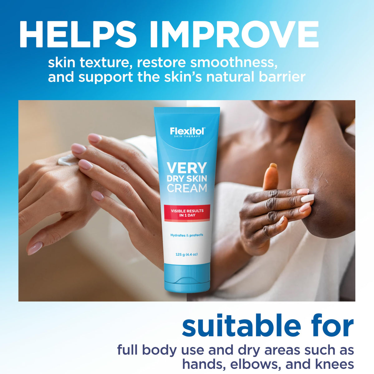 Flexitol being massaged into an elbow, brand reducing roughness and flakes
