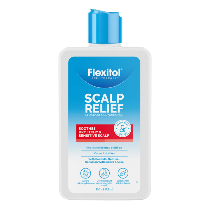 Flexitol front view of shampoo and conditioner pair showing packaging and usage benefit