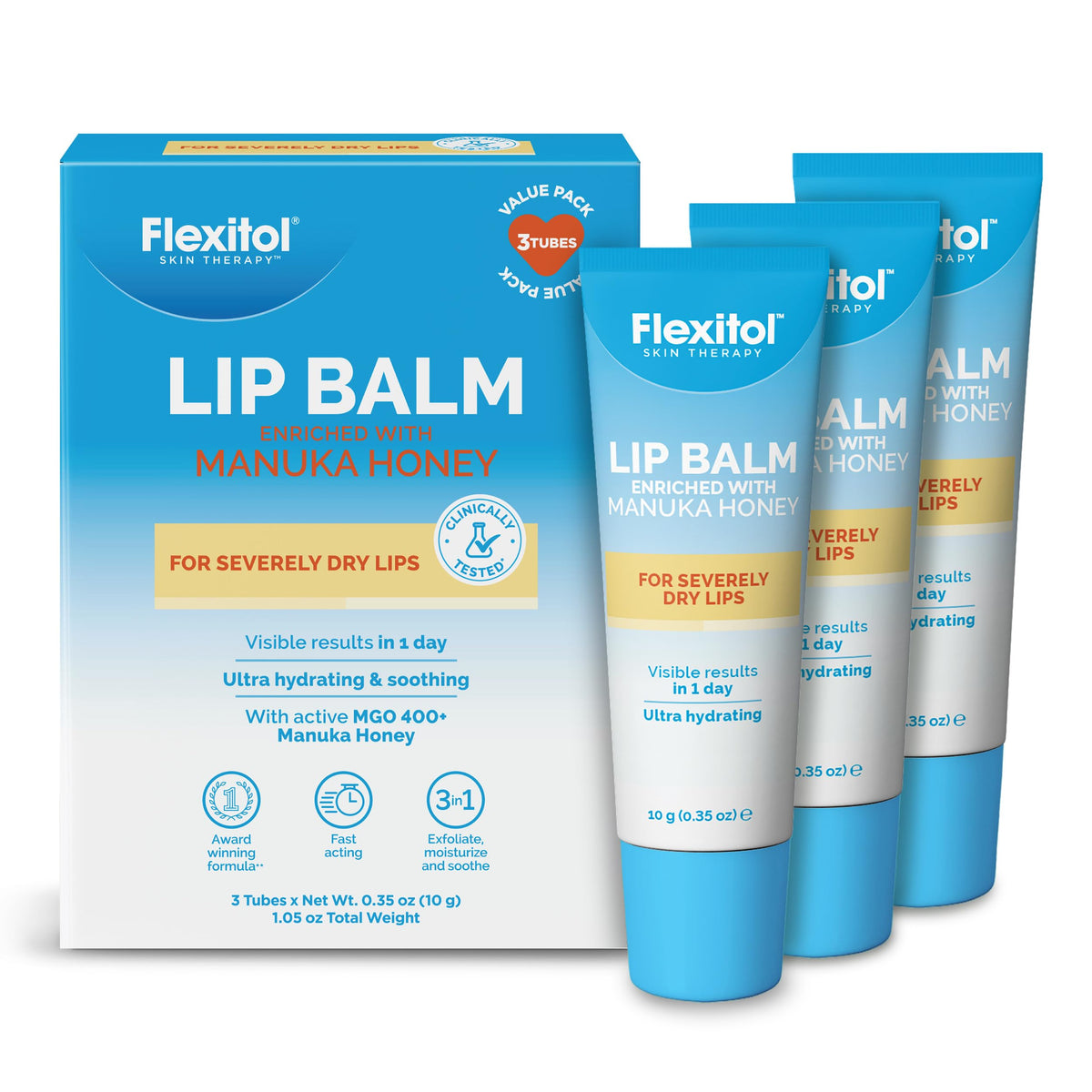 Flexitol front packaging showing Manuka Honey and balm benefits
