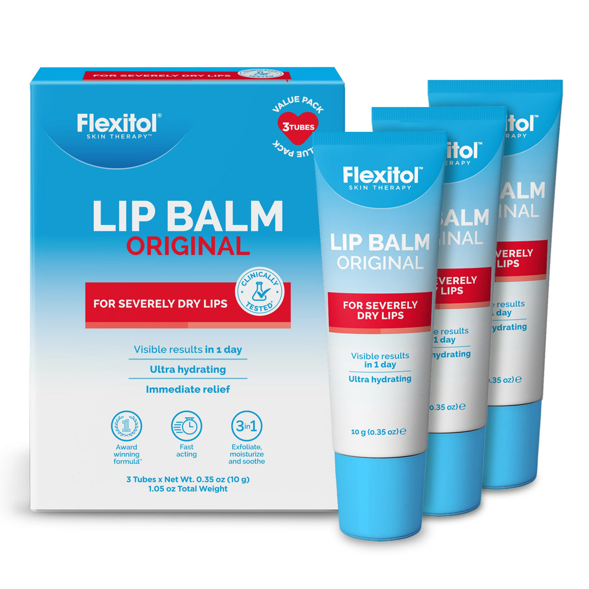 Flexitol front packaging showing three balm sticks and clear branding for reliable hydration