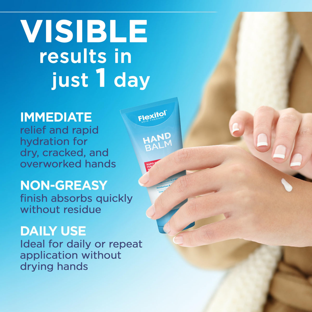 Close-up of Flexitol hand balm texture illustrating rich, fast-absorbing cream