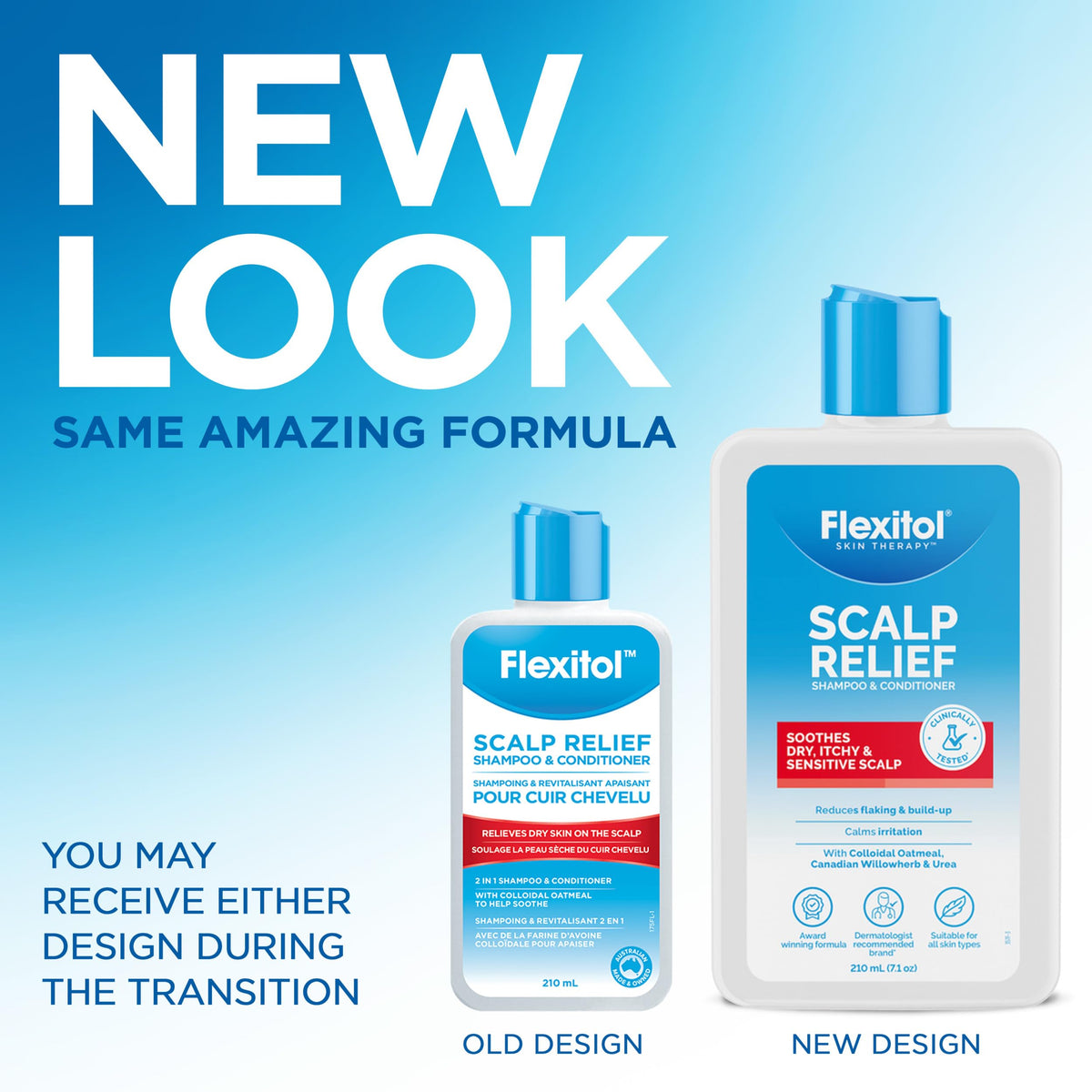 Flexitol product label close-up with colloidal oatmeal ingredient for scalp comfort