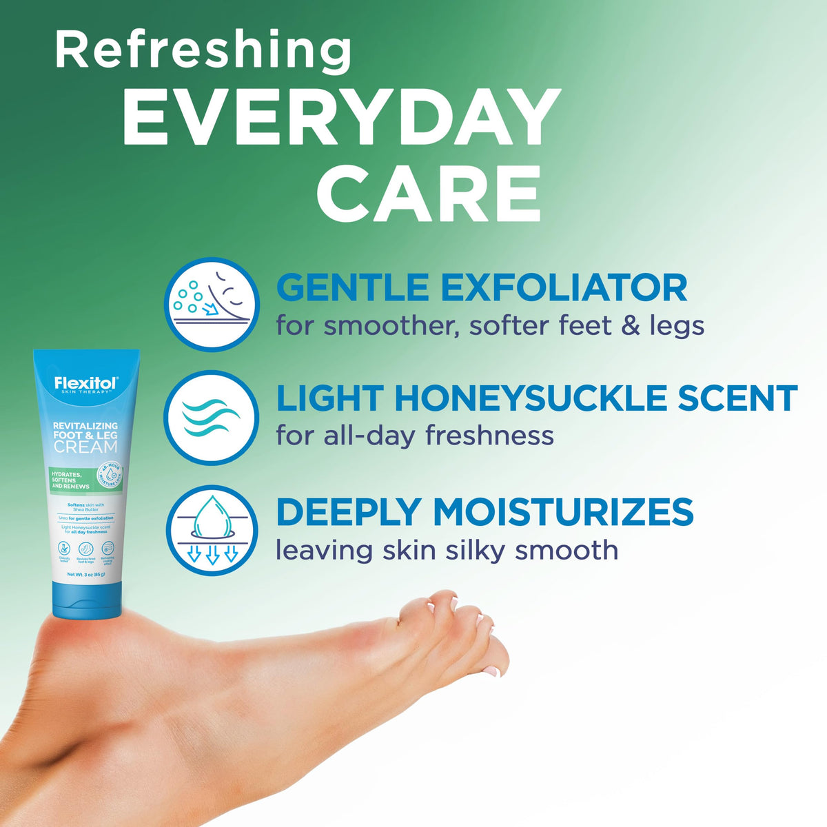 Flexitol on lower legs in lifestyle scene showing visible moisturized skin