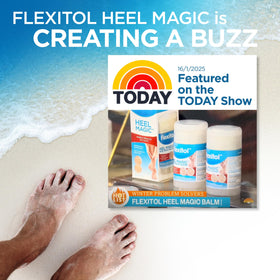 Flexitol on bathroom counter in lifestyle scene showing daily routine benefit