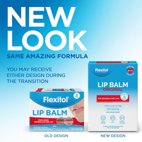 Flexitol on a nightstand suggesting bedtime use to support overnight lip restoration
