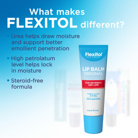 Flexitol beside a coin for size comparison emphasizing compact, easy-to-carry balm
