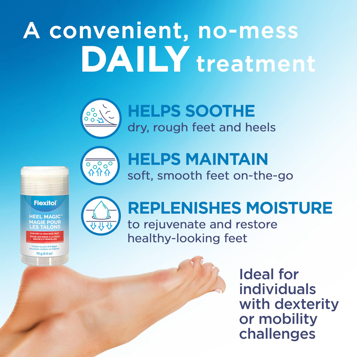 Flexitol held in hand for scale emphasizing travel-friendly benefit