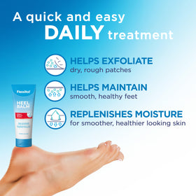 Hand holding Flexitol tube to show size and portable foot care benefit