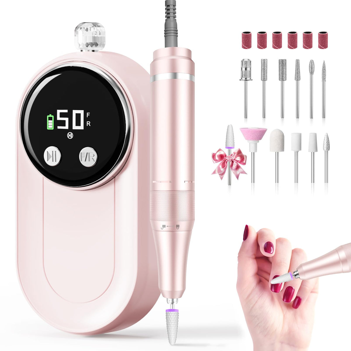 FLORAVIC front view of cordless nail drill showing compact design and portability