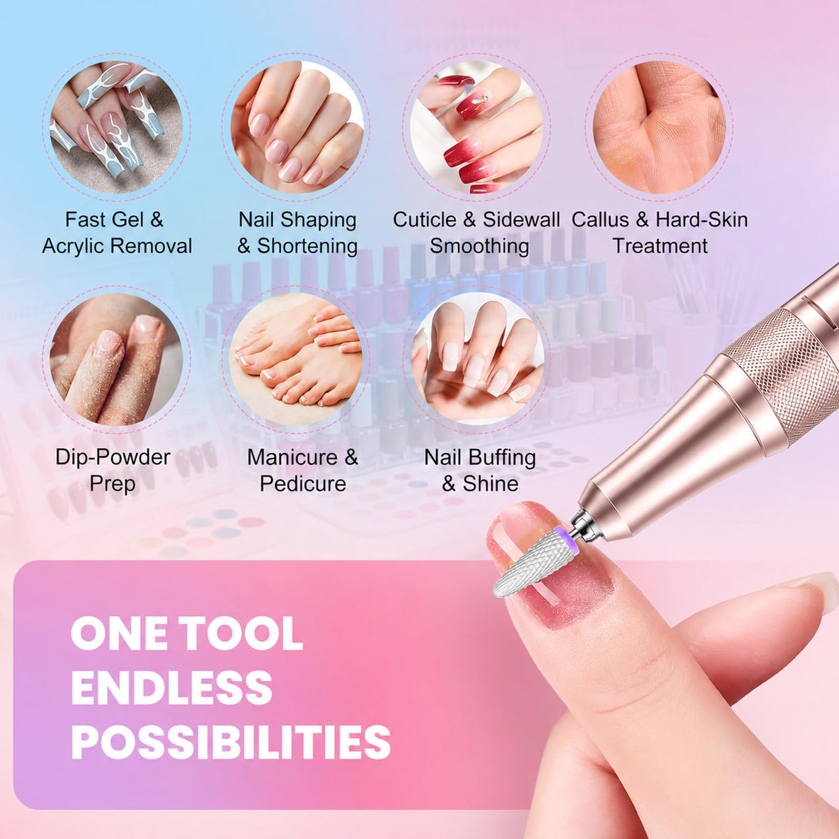 FLORAVIC drill in use during manicure demonstrating smooth professional results