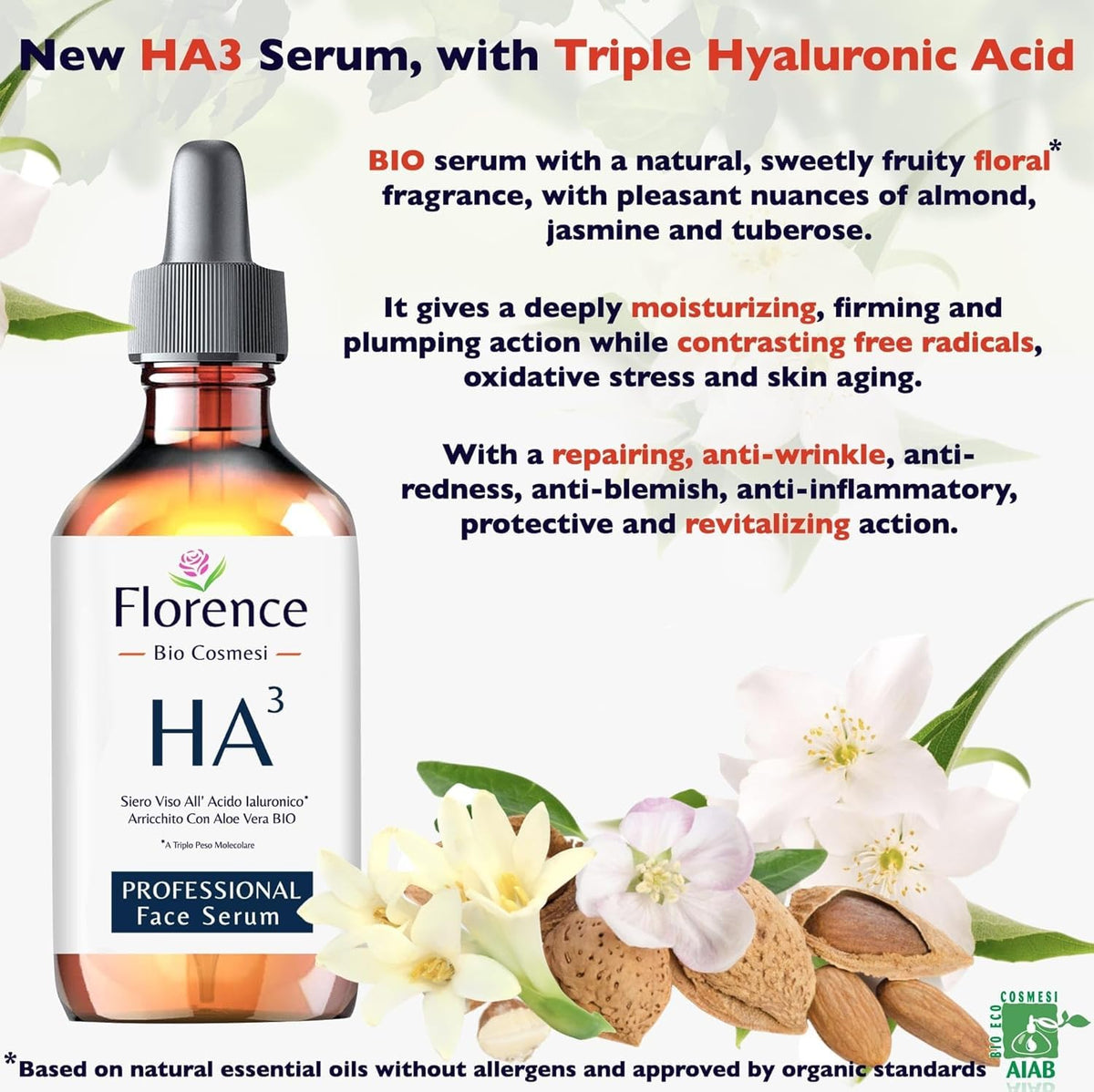 Florence close-up ingredient label listing hyaluronic acid and vitamins