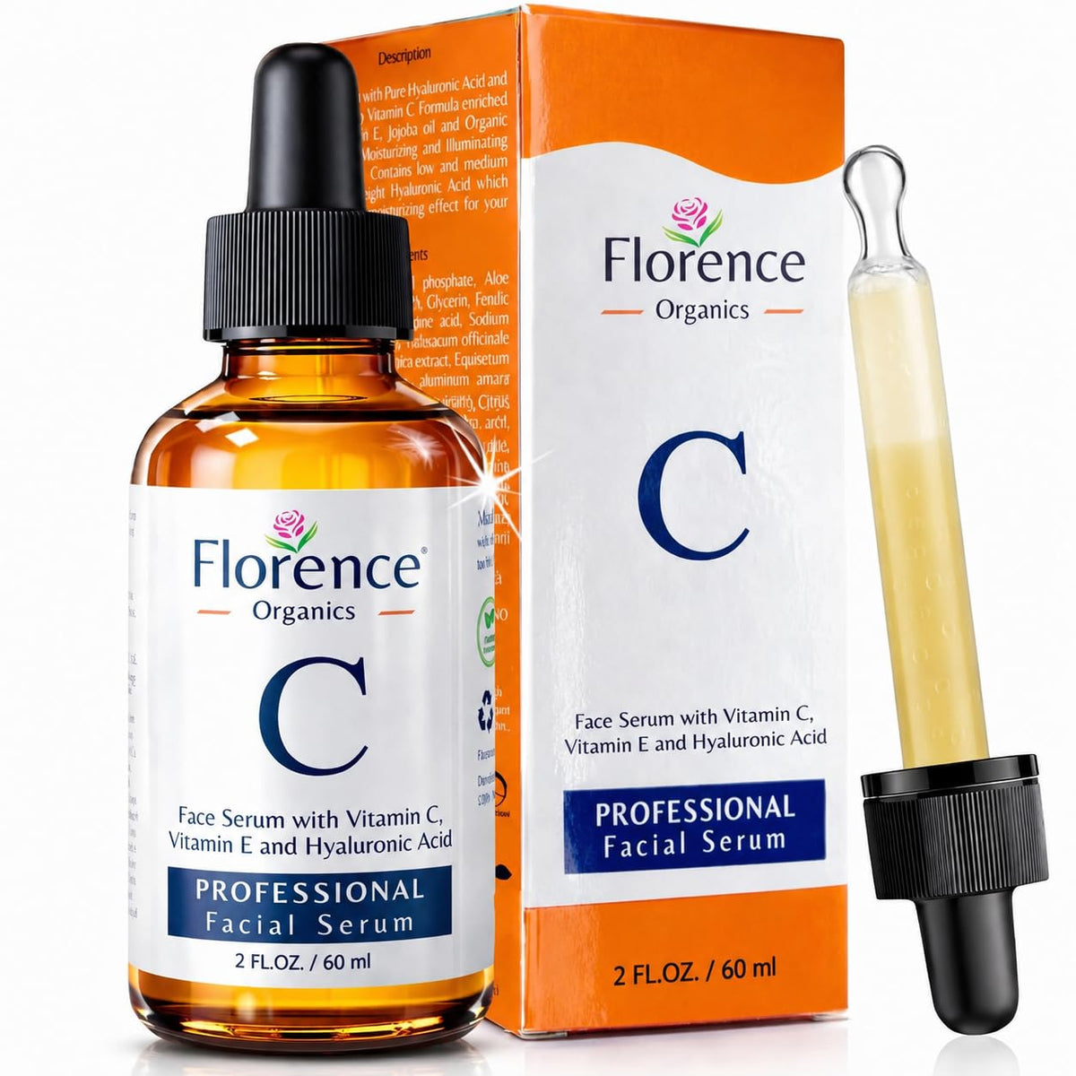 Florence serum front bottle showing clean label and travel-ready size, promotes brightening