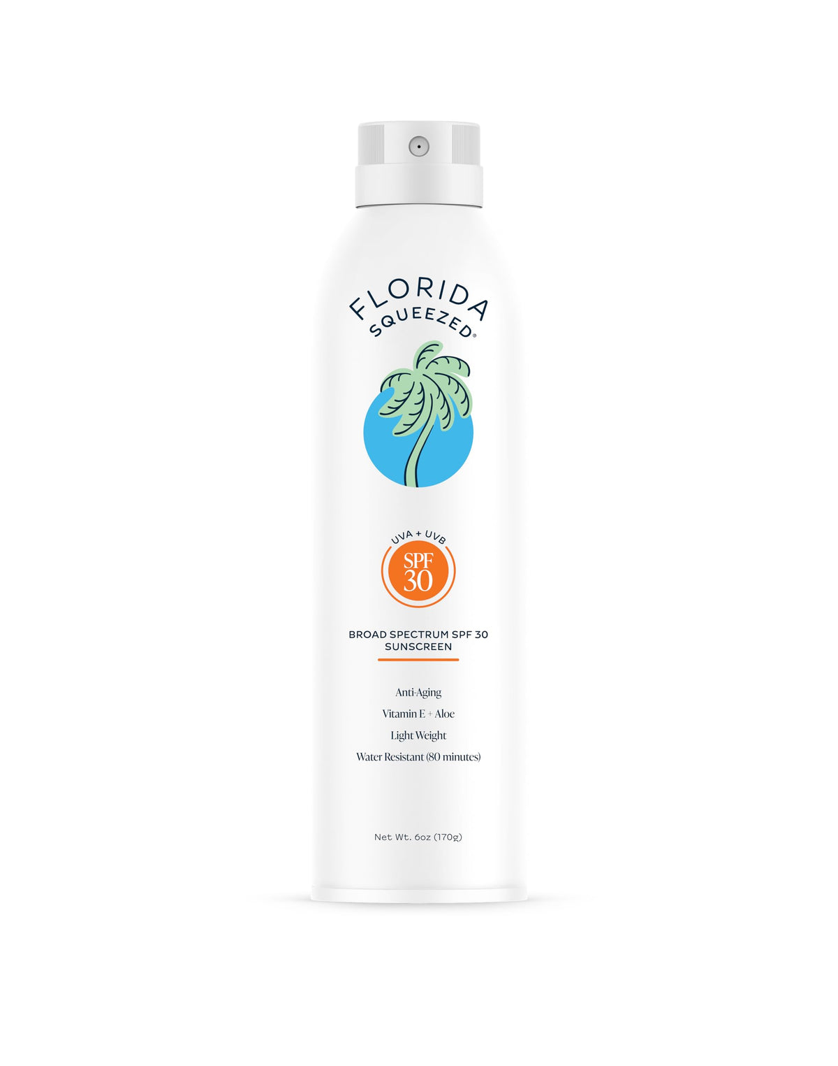 Florida Squeezed front packaging showing SPF 30 spray and quick application benefit