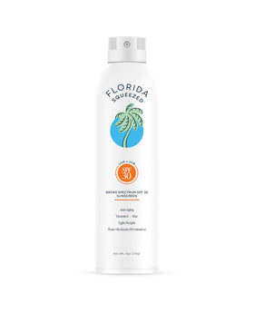 Florida Squeezed front packaging showing SPF 30 spray and quick application benefit