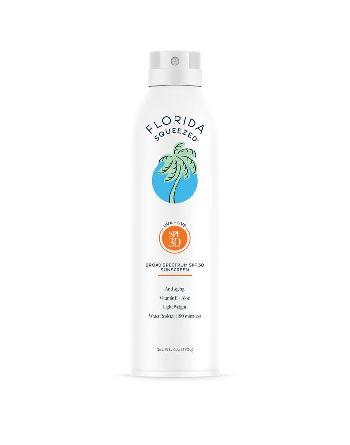 Florida Squeezed front packaging showing SPF 30 spray and quick application benefit
