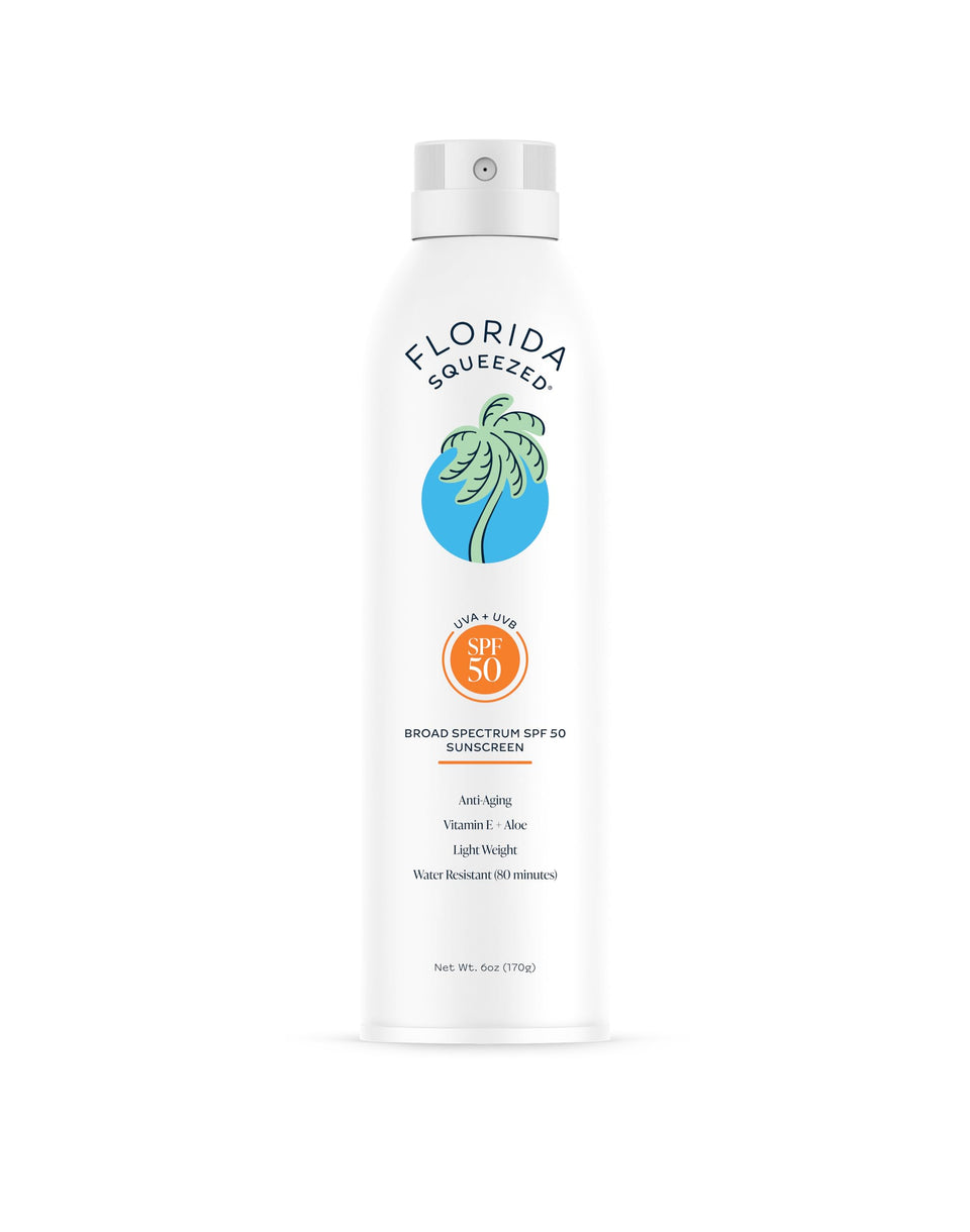 Florida Squeezed front packaging showing SPF 50 and benefits on bottle