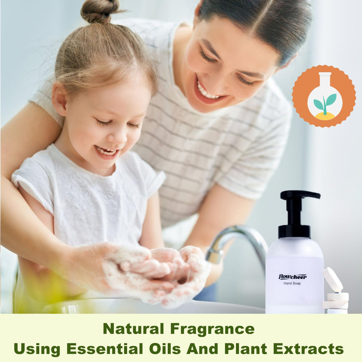 flowcheer foaming pump dispensing lemon foam for quick clean hands