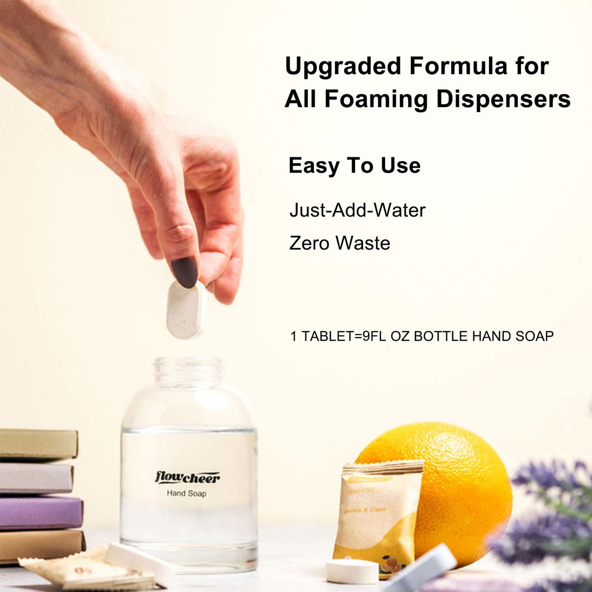 flowcheer foaming pump in use producing creamy foam, gentle cleanse