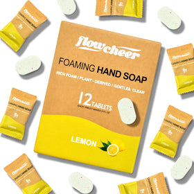 flowcheer front packaging showing 12 lemon-scented tablets and eco benefits