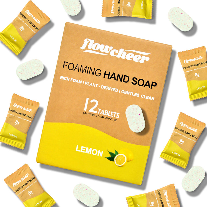 flowcheer front packaging showing 12 lemon-scented tablets and eco benefits