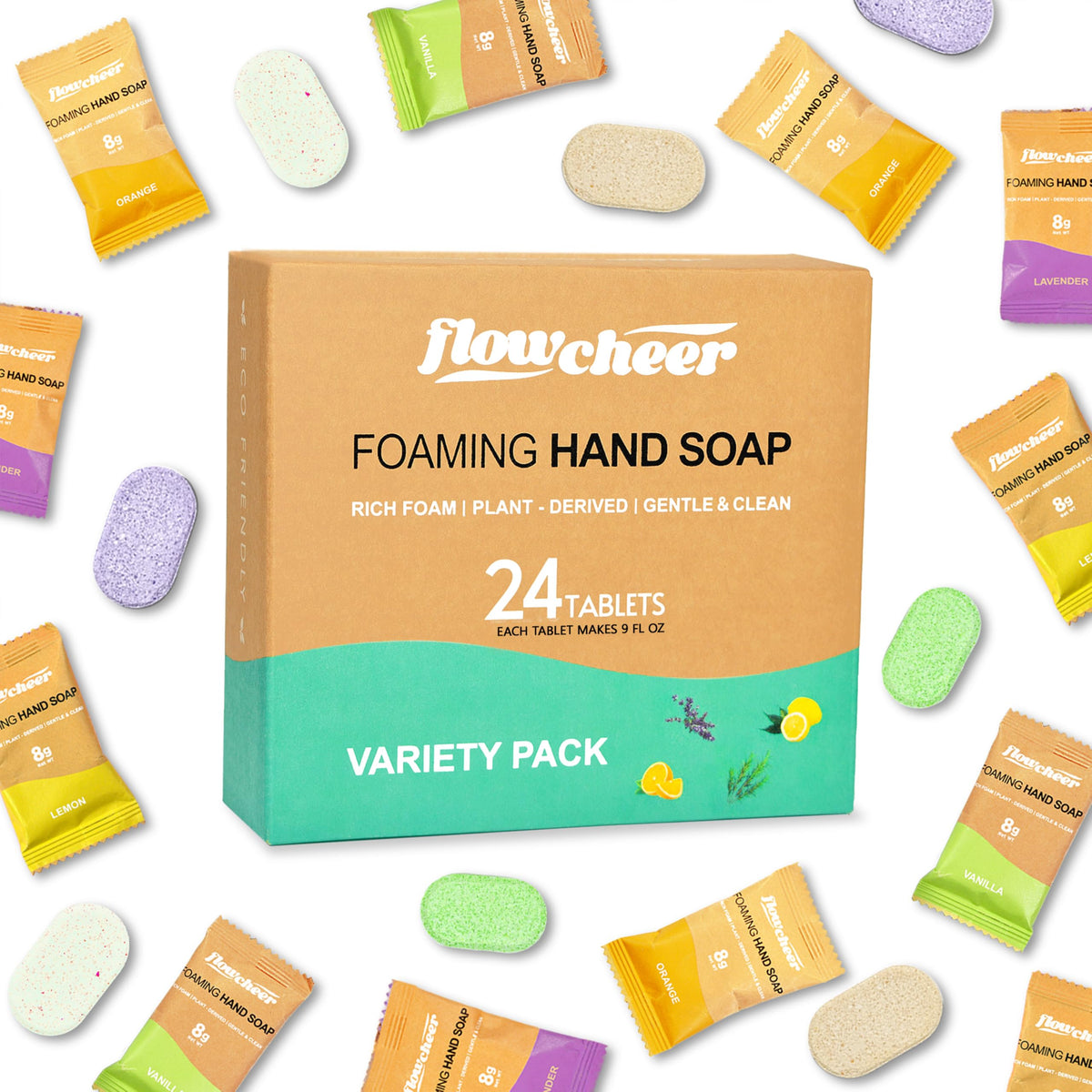 flowcheer front packaging showing 24-pack and eco message, saves space